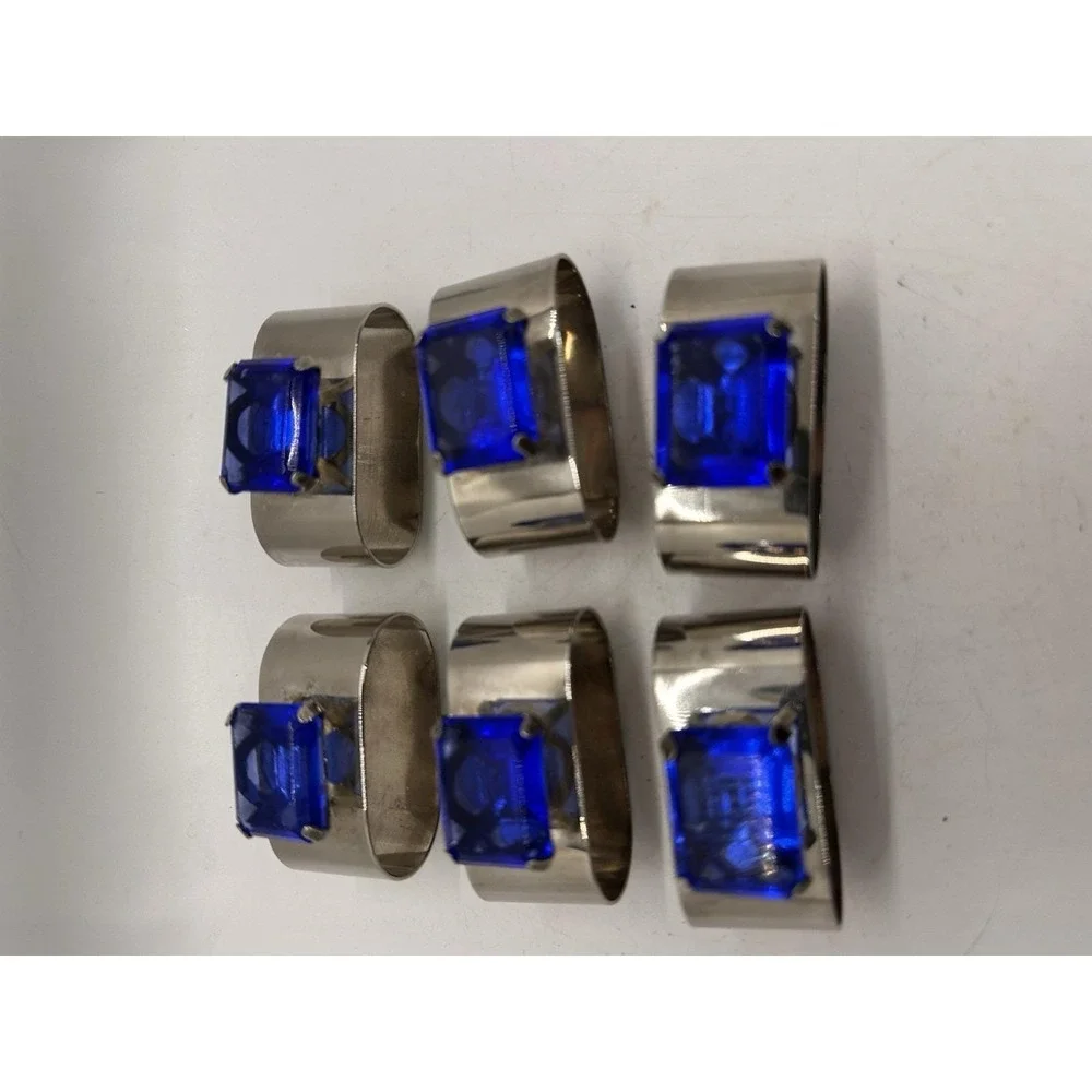 Set of 6 Vintage Audrey Hong Kong Blue Crystal Silverplate Napkin Rings
